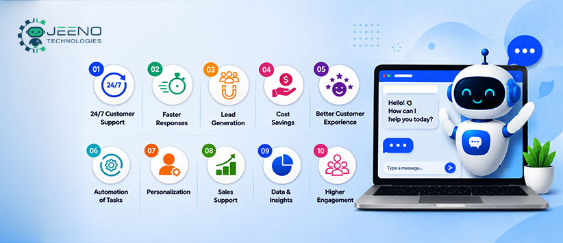 An infographic highlighting 10 key benefits of AI chatbot websites: 24/7 support, faster responses, lead generation, cost savings, customer experience, automation, personalization, sales support, data insights, and higher engagement.