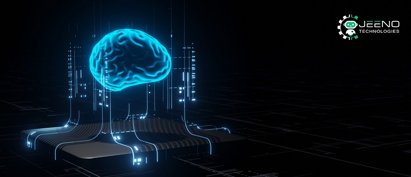 Futuristic artificial intelligence brain representing AI technology that helps businesses improve efficiency, automate processes, and drive growth.